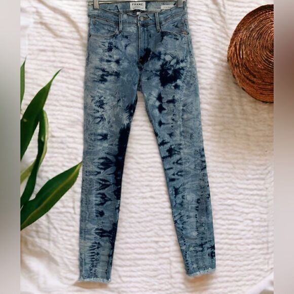 Frame Denim Denim - FRAME Le High Skinny Size 27 GAZE Tie Dye Blue Jeans Crop Stretch raw hem